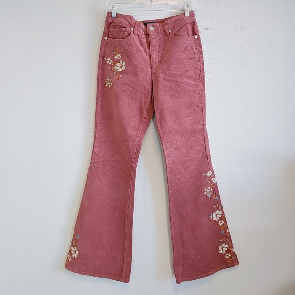 Forever 21 Floral Embroidered Corduroy High Rise Flare Jeans Sz L Retro 70s - Picture 1 of 10